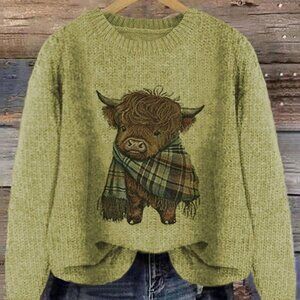 Casual Green Women's Cartoon Cow Print Crew Neck Pullover